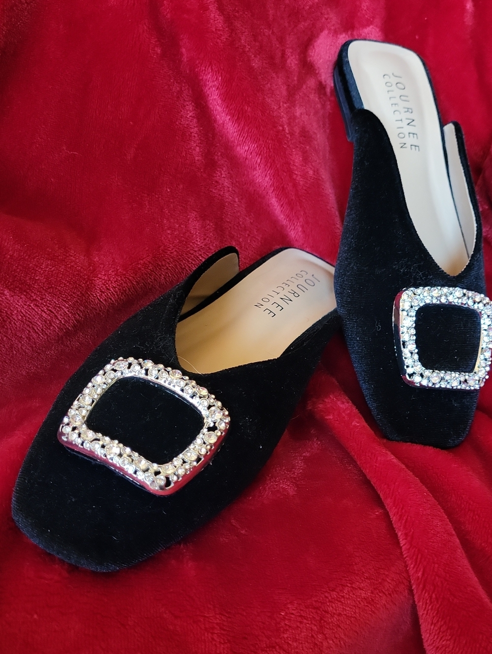Journee Collection Black Velvet Mules with Rhinestone Buckles